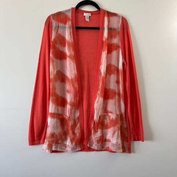 Chicos 1 Orange Watercolor Abstract Lightweight Sheer Cardigan Kimono Womens M 8 - Picture 1 of 9